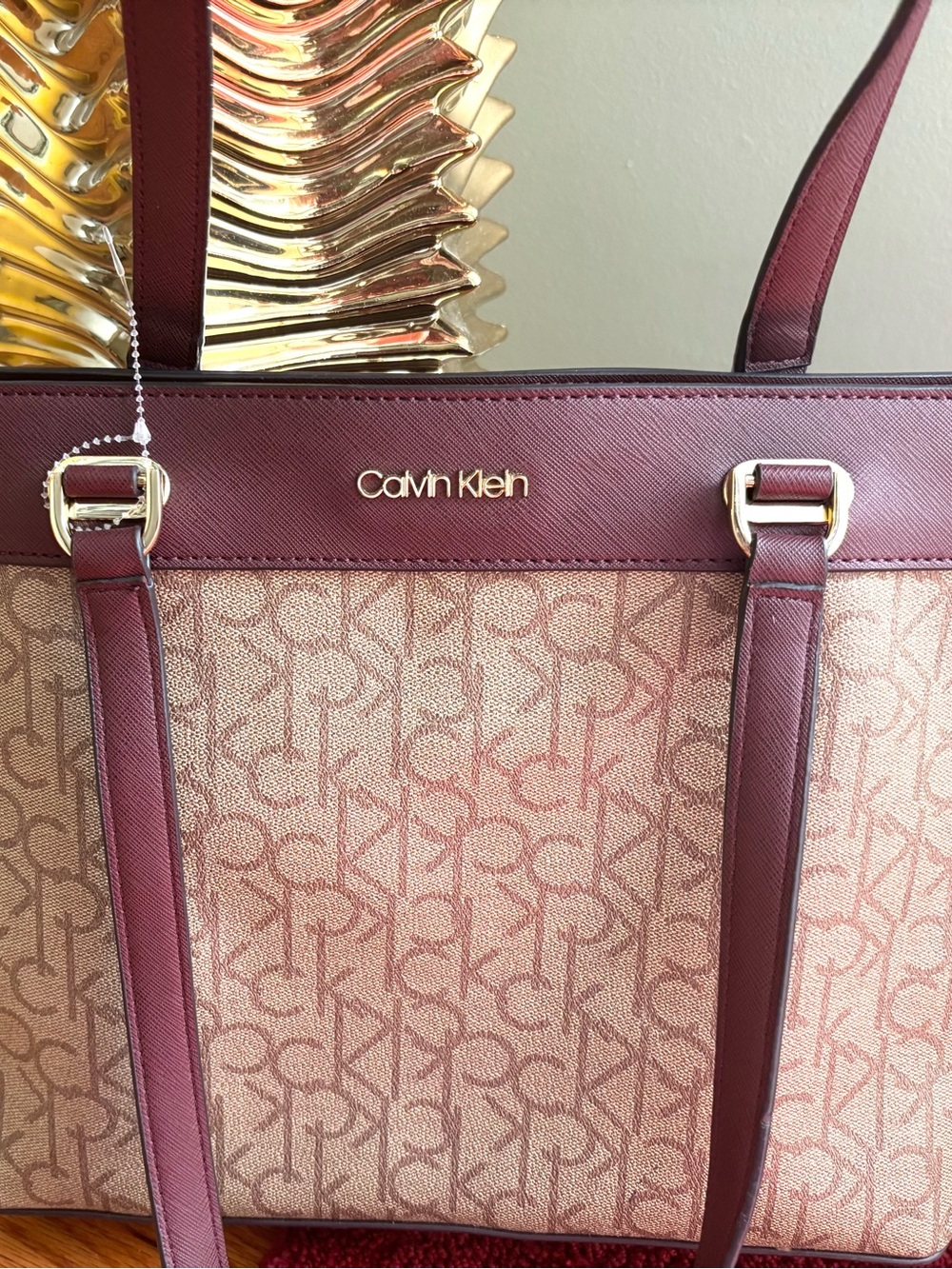 Calvin Klein Beige Monogram Tote with Burgundy Trim - Picture 2 of 7